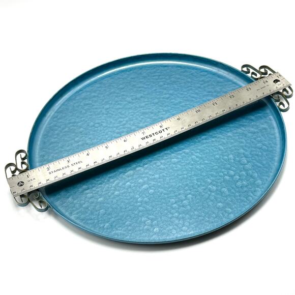 Vintage Moire Glaze Kyes Blue Serving Platter Tray with Handles 12.75” Round MCM - Picture 8 of 8